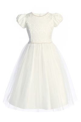 Off White Puff Sleeve Dress with Jacquard Top and Pearl Neckline